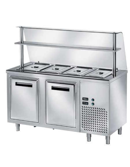 TAVOLO INOX AISI 304 REFRIGERATO SELF-SERVICE, x4 GN 1/1 - 2 ANTE, VASCA H 30 E SOVRASTRUTTURA IN VETRO CURVO - CM 150x80x145h