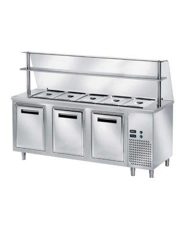 TAVOLO INOX AISI 304 REFRIGERATO SELF-SERVICE, x5 GN 1/1 - 3 ANTE, VASCA H 30 E SOVRASTRUTTURA IN VETRO CURVO - CM 200x80x145h