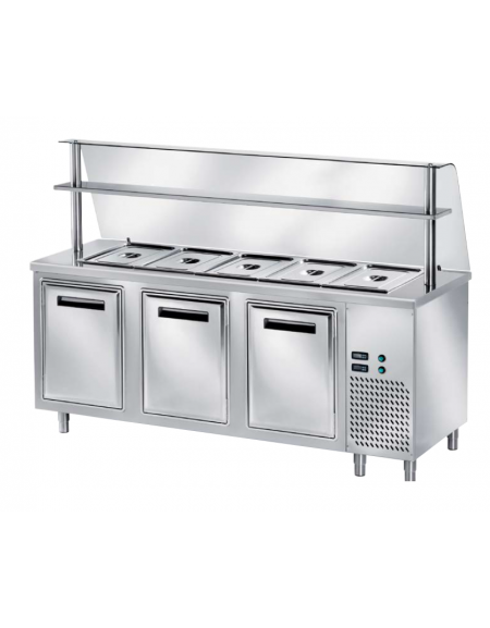 TAVOLO INOX AISI 304 REFRIGERATO SELF-SERVICE, x5 GN 1/1 - 3 ANTE, VASCA H 30 E SOVRASTRUTTURA IN VETRO CURVO - CM 200x80x145h