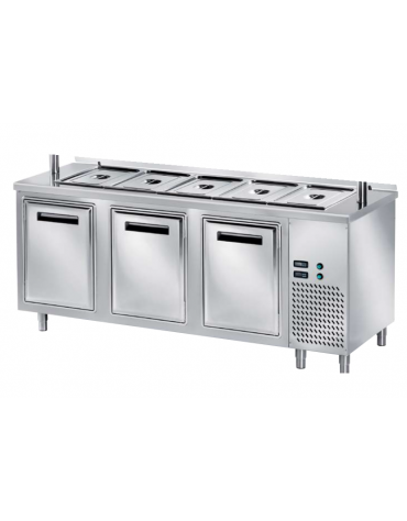 TAVOLO INOX AISI 304 REFRIGERATO SELF-SERVICE, x5 GN 1/1 - 3 ANTE - VASCA H 30 - SENZA SOVRASTRUTTURA IN VETRO - CM 200x80x89h
