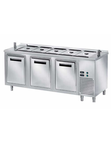 TAVOLO INOX AISI 304 REFRIGERATO SELF-SERVICE, x5 GN 1/1 - 3 ANTE - VASCA H 30 - SENZA SOVRASTRUTTURA IN VETRO - CM 200x80x89h
