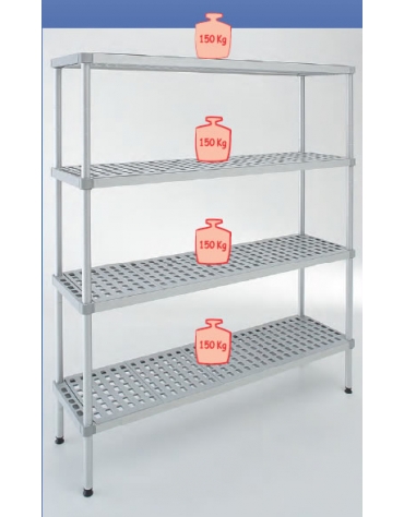 Scaffale con montanti in alluminio e 4 ripiani in polietilene per cella frigorifera o magazzino cm 70x30x200h