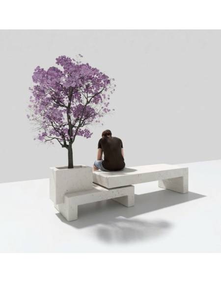 Panchina componibile di design con fioriera in calcestruzzo, colore Bianco pietra - cm 360x79x60h - Conforme ai CAM