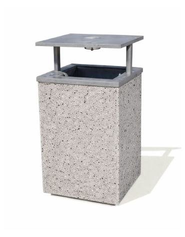 CESTONE GETTACARTE MONOBLOCCO QUADRATO IN CEMENTO COLORE GRIGIO PIETRA, TETTUCCIO RIBALTABILE E REGGISACCO - CM 50x50x100H - CAM