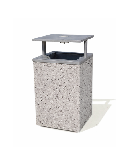 CESTONE GETTACARTE MONOBLOCCO QUADRATO IN CEMENTO COLORE GRIGIO PIETRA, TETTUCCIO RIBALTABILE E REGGISACCO - CM 50x50x100H - CAM