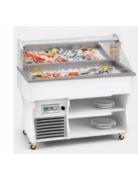 Carrello murale Buffet espositore refrigerato per pesce Refrigerazione statica mm L1417xP750xH1285 - Colore RAL a scelta