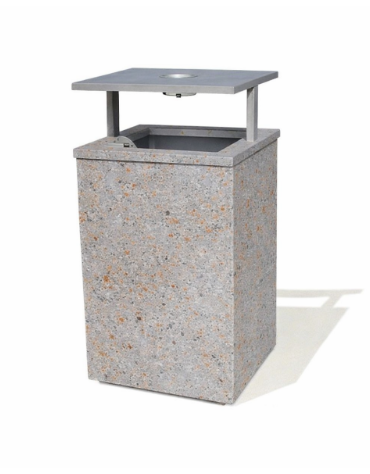 CESTONE GETTACARTE QUADRATO IN CEMENTO COLORE GRIGIO TRAVERTINO, TETTUCCIO RIBALTABILE E REGGISACCO - CM 50x50x100H - CAM