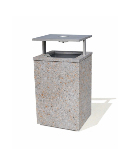 CESTONE GETTACARTE QUADRATO IN CEMENTO COLORE GRIGIO TRAVERTINO, TETTUCCIO RIBALTABILE E REGGISACCO - CM 50x50x100H - CAM