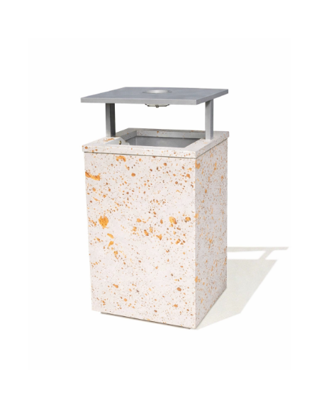 CESTONE GETTACARTE QUADRATO IN CEMENTO COLORE BIANCO TRAVERTINO - TETTUCCIO RIBALTABILE E REGGISACCO - CM 50x50x100H - CAM