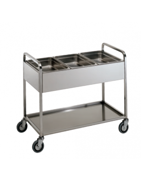 Carrello servizio raccolta differenziata, 2 ripiani inox 18/10 - Kg 200 - vasca cm 21h - Bacinelle escluse - cm 106,5x57,5x90h