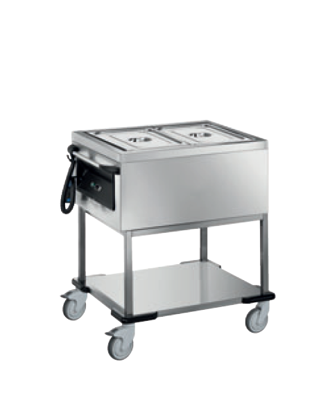 Carrello termico con vasca stampata riscaldamento a secco e bagnomaria N° 2 Vasche GN 1/1 - Termostato meccanico - cm 88x64x92h