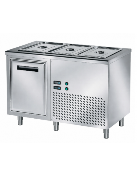 Tavolo inox AISI 304 freddo self-service con vasca raggiata mm 200h e 1 anta refrigerata - N°3 GN 1/1 - cm 120x70x89h