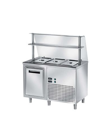 Tavolo inox AISI 304 freddo self-service - vasca raggiata mm 30h, 1 anta refrigerata e vetro curvo - N°3 GN 1/1 - cm 120x70x145h