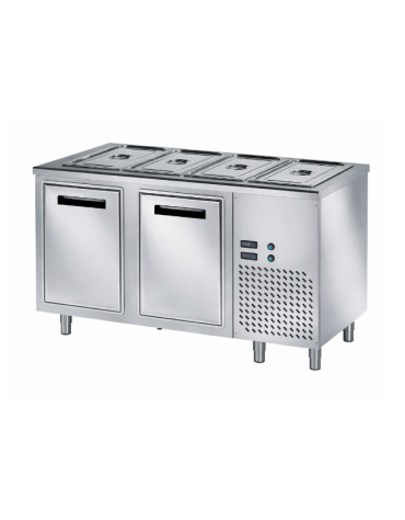 Tavolo inox AISI 304 freddo self-service con vasca raggiata mm 30h e 2 ante refrigerata - N°4 GN 1/1 - cm 150x70x89h