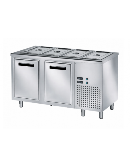 Tavolo inox AISI 304 freddo self-service con vasca raggiata mm 30h e 2 ante refrigerata - N°4 GN 1/1 - cm 150x70x89h