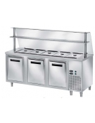 Tavolo inox AISI 304 freddo self-service - vasca raggiata mm 30h, 3 ante refrigerata e vetro curvo - N°5 GN 1/1 - cm 200x70x145h