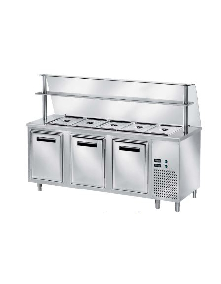 Tavolo inox AISI 304 freddo self-service - vasca raggiata mm 30h, 3 ante refrigerata e vetro curvo - N°5 GN 1/1 - cm 200x70x145h