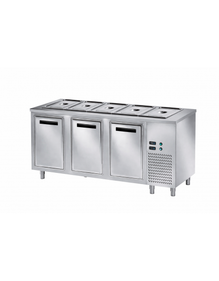 Tavolo inox AISI 304 freddo self-service con vasca raggiata mm 30h e 3 ante refrigerata - N°5 GN 1/1 - cm 200x70x89h