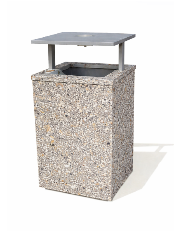 CESTONE GETTACARTE QUADRATO IN CEMENTO COLORE GRIGIO SABBIATO - TETTUCCIO RIBALTABILE E REGGISACCO - CM 50x50x100H - CAM