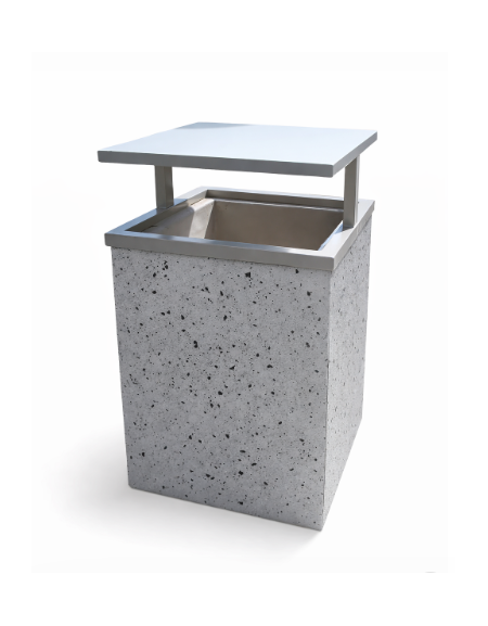 CESTONE GETTACARTE MONOBLOCCO QUADRATO IN CEMENTO COLORE GRIGIO PIETRA - TETTUCCIO RIBALTABILE E REGGISACCO - CM 60x60x100H