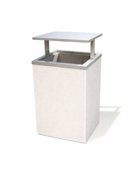 CESTONE GETTACARTE MONOBLOCCO QUADRATO IN CEMENTO COLORE BIANCO PIETRA - TETTUCCIO RIBALTABILE E REGGISACCO - CM 60x60x100H