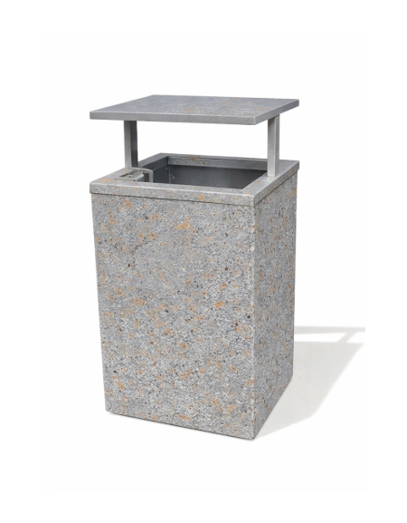 CESTONE GETTACARTE MONOBLOCCO QUADRATO IN CEMENTO COLORE GRIGIO TRAVERTINO - TETTUCCIO RIBALTABILE E REGGISACCO - CM 60x60x100H