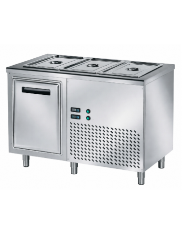 TAVOLO INOX AISI 304 REFRIGERATO SELF-SERVICE, x3 GN 1/1 - 1 ANTA - VASCA H 30 - SENZA SOVRASTRUTTURA IN VETRO - CM 120x80x89h