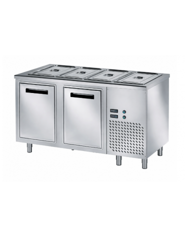 TAVOLO INOX AISI 304 REFRIGERATO SELF-SERVICE, x4 GN 1/1 - VANO INFERIORE REFRIGERATO - SENZA VETRO - CM 150x80x89h