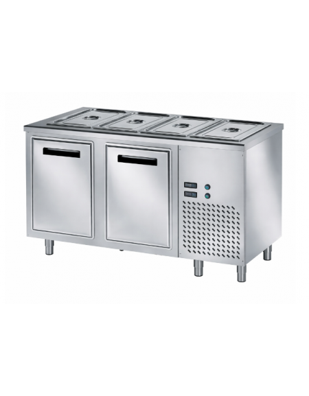 TAVOLO INOX AISI 304 REFRIGERATO SELF-SERVICE, x4 GN 1/1 - VANO INFERIORE REFRIGERATO - SENZA VETRO - CM 150x80x89h