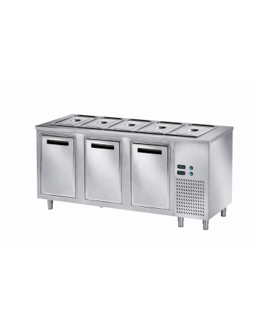 TAVOLO INOX AISI 304 REFRIGERATO SELF-SERVICE, x5 GN 1/1 - VANO INFERIORE REFRIGERATO - SENZA VETRO - CM 200x80x89h