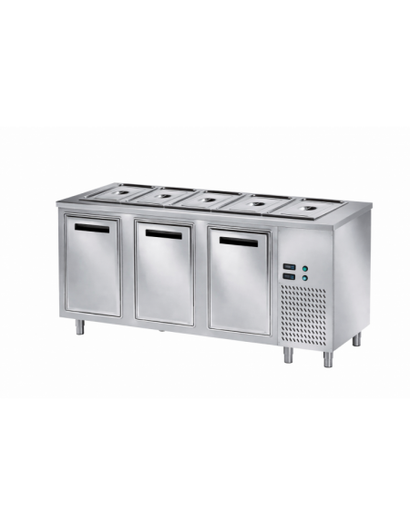 TAVOLO INOX AISI 304 REFRIGERATO SELF-SERVICE, x5 GN 1/1 - 3 ANTE - VASCA H 30 - SENZA SOVRASTRUTTURA IN VETRO - CM 200x80x89h