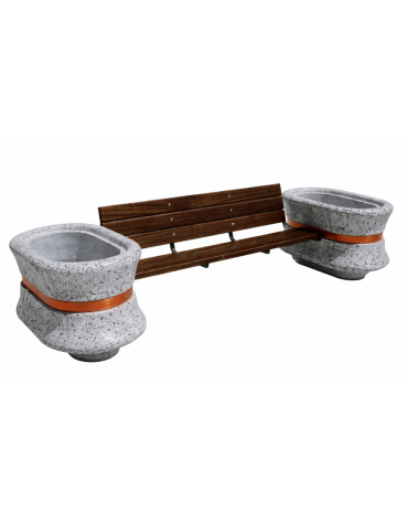 Panchina con schienale e seduta in legno fra 2 fioriere ovali in cemento colore Grigio travertino - cm 280x100x85h - CAM