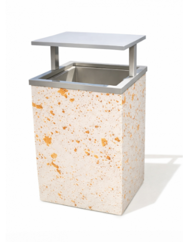 CESTONE GETTACARTE MONOBLOCCO QUADRATO IN CEMENTO COLORE BIANCO TRAVERTINO - TETTUCCIO RIBALTABILE E REGGISACCO - CM 60x60x100H