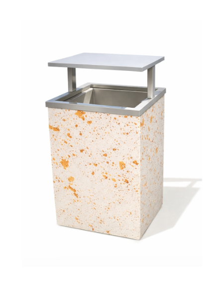 CESTONE GETTACARTE MONOBLOCCO QUADRATO IN CEMENTO COLORE BIANCO TRAVERTINO - TETTUCCIO RIBALTABILE E REGGISACCO - CM 60x60x100H