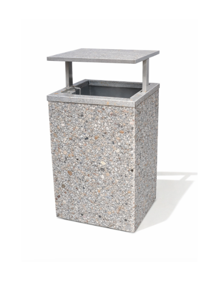 CESTONE GETTACARTE MONOBLOCCO QUADRATO IN CEMENTO COLORE GRIGIO SABBIATO - TETTUCCIO RIBALTABILE E REGGISACCO - CM 60x60x100H