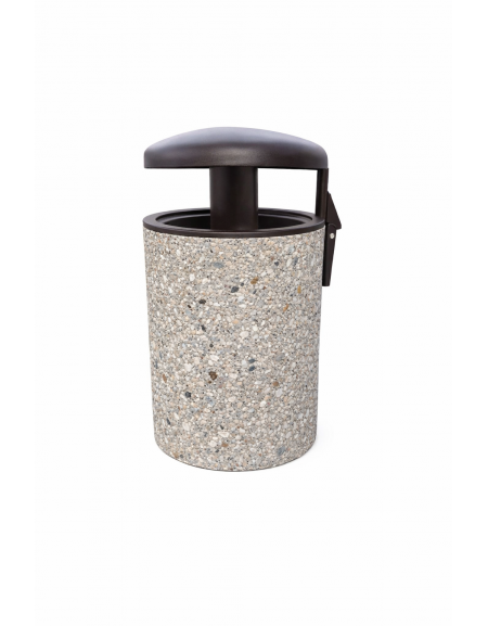 Cestone portarifiuti in cemento colore Bianco sabbiato - con tettuccio ribaltabile + anello reggisacco - cm Ø60x100h - CAM