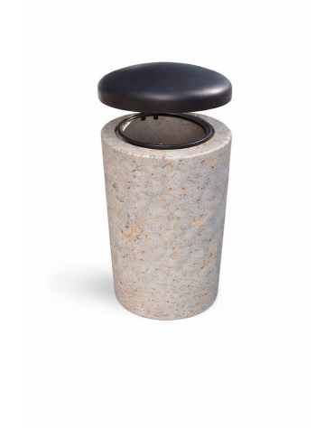 Cestone portarifiuti in cemento colore Grigio travertino - con coperchio ribaltabile + anello reggisacco - cm Ø50x100h - CAM