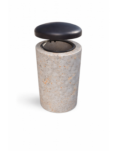 Cestone portarifiuti in cemento colore Grigio travertino - con coperchio ribaltabile + anello reggisacco - cm Ø50x100h - CAM