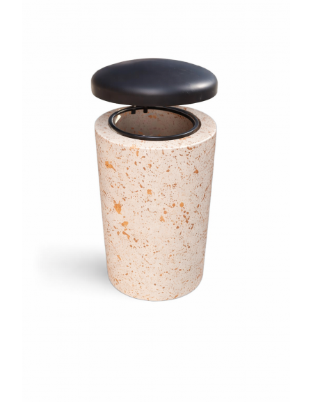 Cestone portarifiuti in cemento colore Bianco travertino - con coperchio ribaltabile + anello reggisacco - cm Ø50x100h - CAM