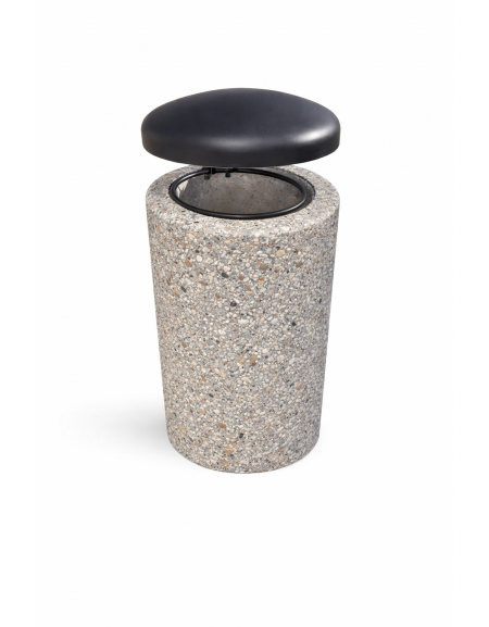 Cestone portarifiuti in cemento colore Grigio sabbiato - con coperchio ribaltabile + anello reggisacco - cm Ø60x100h - CAM