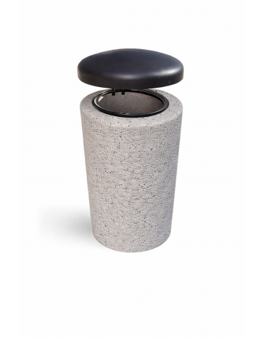 Cestone portarifiuti in cemento colore Bianco sabbiato - con coperchio ribaltabile + anello reggisacco - cm Ø50x100h - CAM