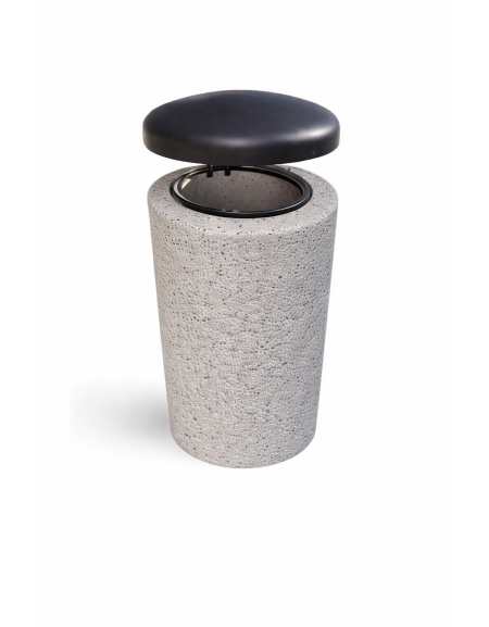 Cestone portarifiuti in cemento colore Bianco sabbiato - con coperchio ribaltabile + anello reggisacco - cm Ø50x100h - CAM