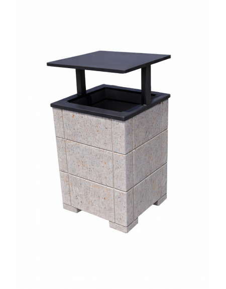 CESTONE GETTACARTE QUADRATO CON SCANALATURE IN CALCESTRUZZO COLORE GRIGIO TRAVERTINO, TETTUCCIO RIBALTABILE - CM 60x60x100H CAM