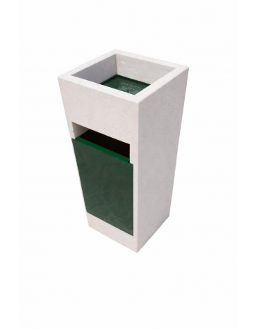 CESTONE GETTACARTE TRAPEZOIDALE IN CALCESTRUZZO COLORE BIANCO PIETRA - CON POSACENERE E CESTELLO METALLO - CM 41x41x90H - CAM