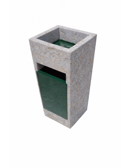 CESTONE GETTACARTE TRAPEZOIDALE IN CALCESTRUZZO COLORE GRIGIO TRAVERTINO - CON POSACENERE E CESTELLO METALLO - CM 41x41x90H