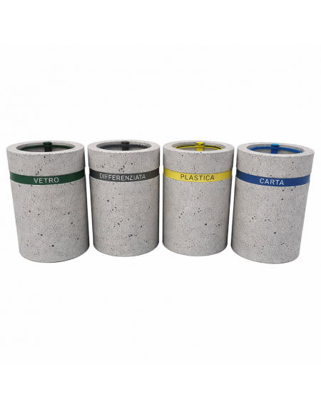 Set per raccolta differenziata composto da 4 cestoni portarifiuti cm Ø 50x70h cad. in cemento colore Grigio pietra  - CAM