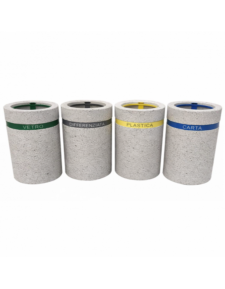 Set per raccolta differenziata composto da 4 cestoni portarifiuti cm Ø 50x70h cad. in cemento colore Bianco sabbiato - CAM