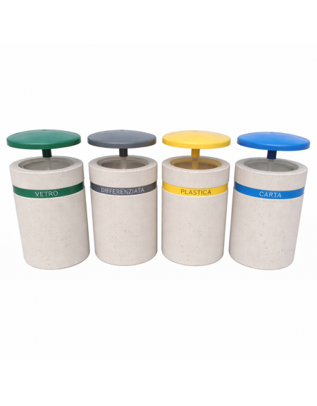 Set raccolta differenziata composto da 4 cestoni cm Ø 50x100h cad in cemento colore Bianco pietra con tettuccio ribaltabile -CAM