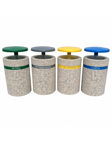 Set raccolta differenziata composto da 4 cestoni cm Ø50x100h cad in cemento colore Grigio sabbiato con tettuccio ribaltabile