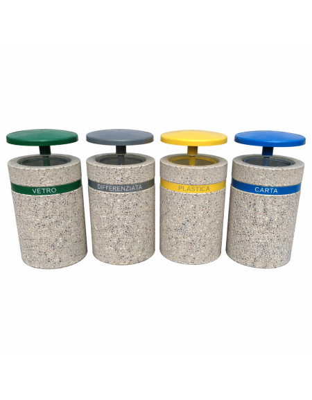 Set raccolta differenziata composto da 4 cestoni cm Ø50x100h cad in cemento colore Grigio sabbiato con tettuccio ribaltabile